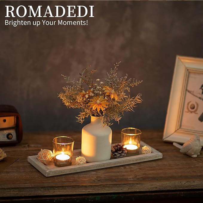 Romadedi Wooden Decorative Tray Candle Holder - 13.5 inch Wood Long Narrow Tray Home Decor Small Rustic Farmhouse Centerpieces Trays for Coffee Table Dining Room Living Room, Whitewashed