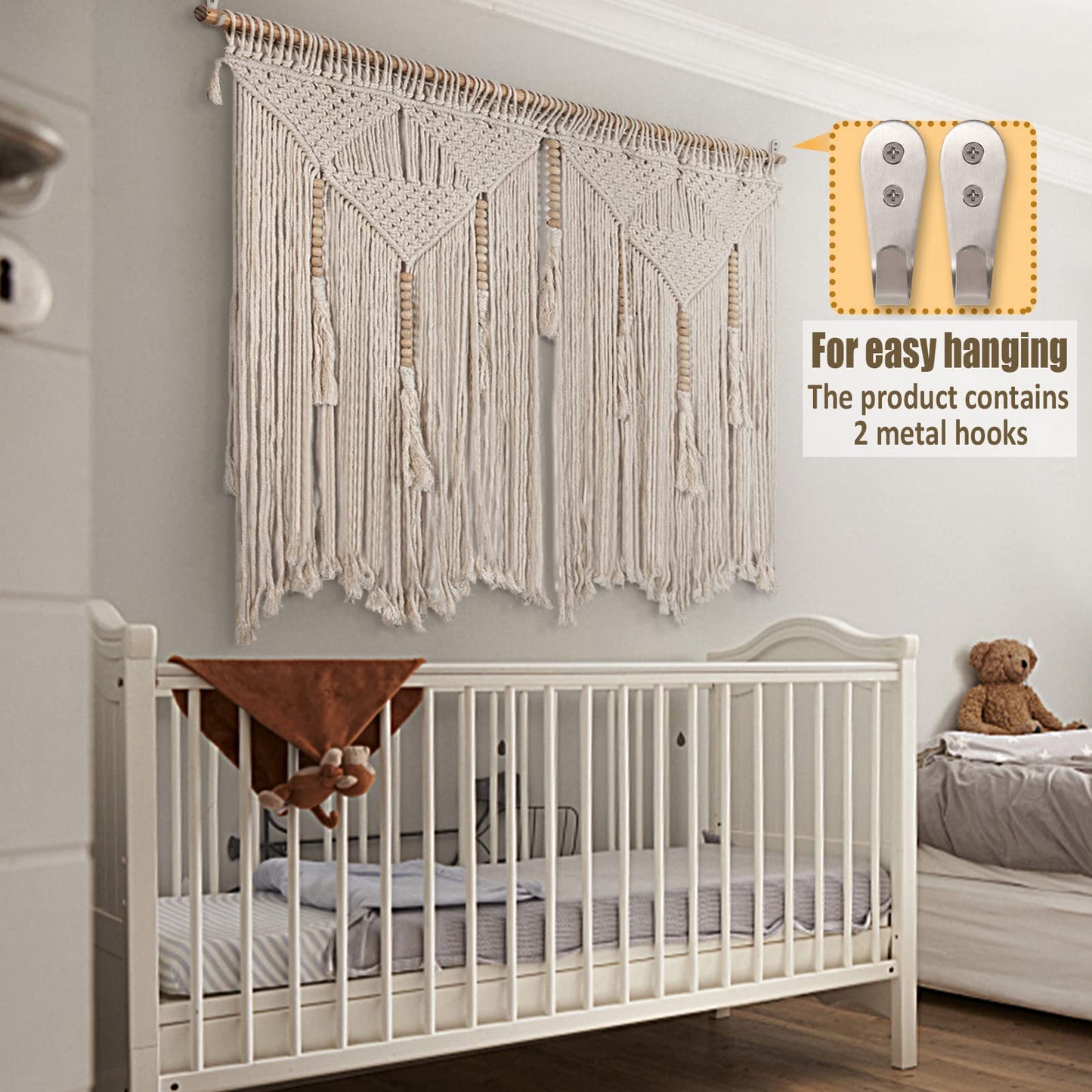 Large Macrame Wall Hanging 43.3" × 39.4" Boho Tapestry Woven Wall Decor- Cotton Tassel Macrame Curtain Beige Chic Bohemian Wall Art for Home Living Room Bedroom Dorm Wedding (Includes Hanging Rod)