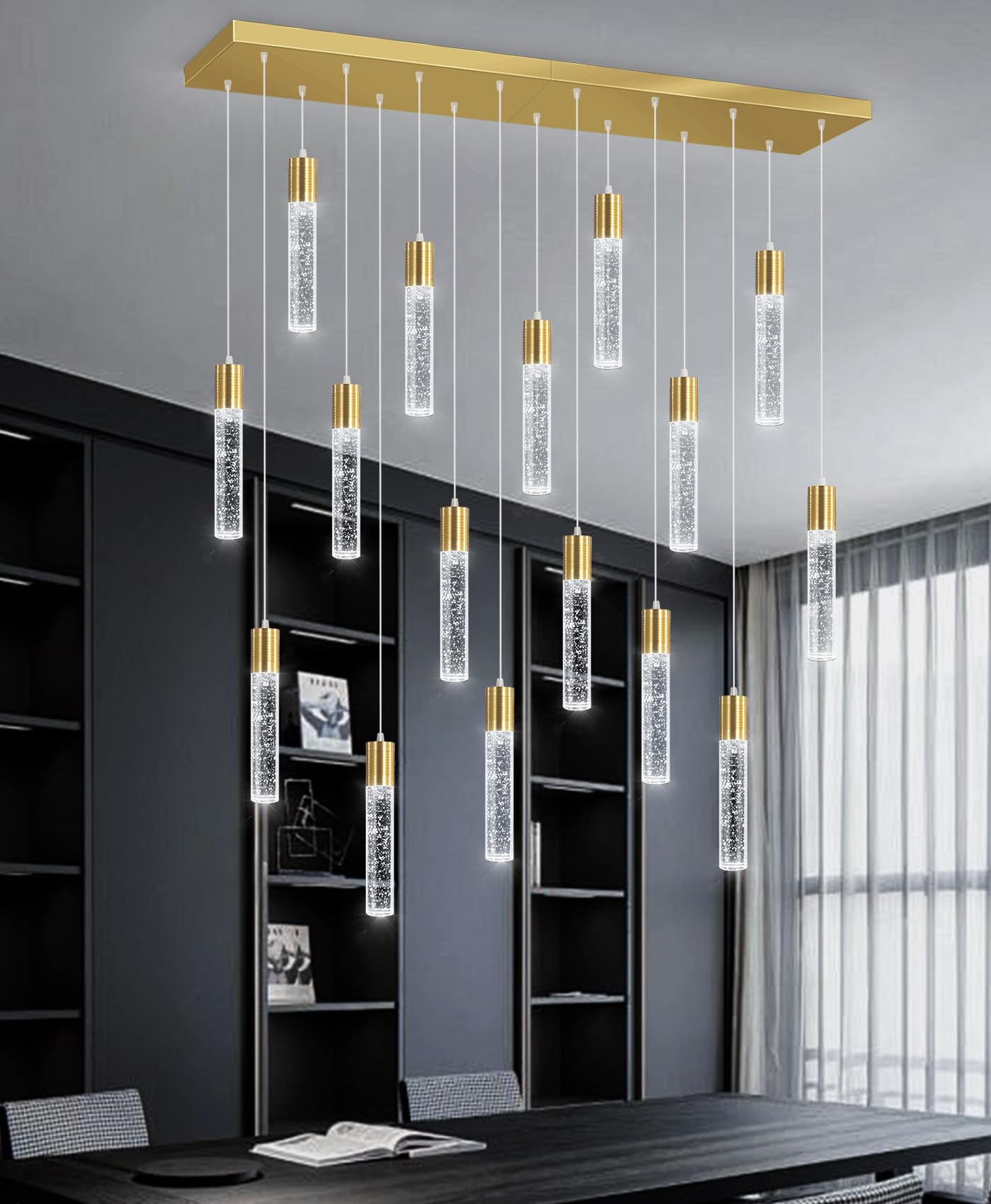 dolria 16-Lights Modern Crystal Rectangular Chandeliers LED Pendant Light for Kitchen Island High Ceiling Chandelier for Dining Room Entrance Foyer Living Room Gold