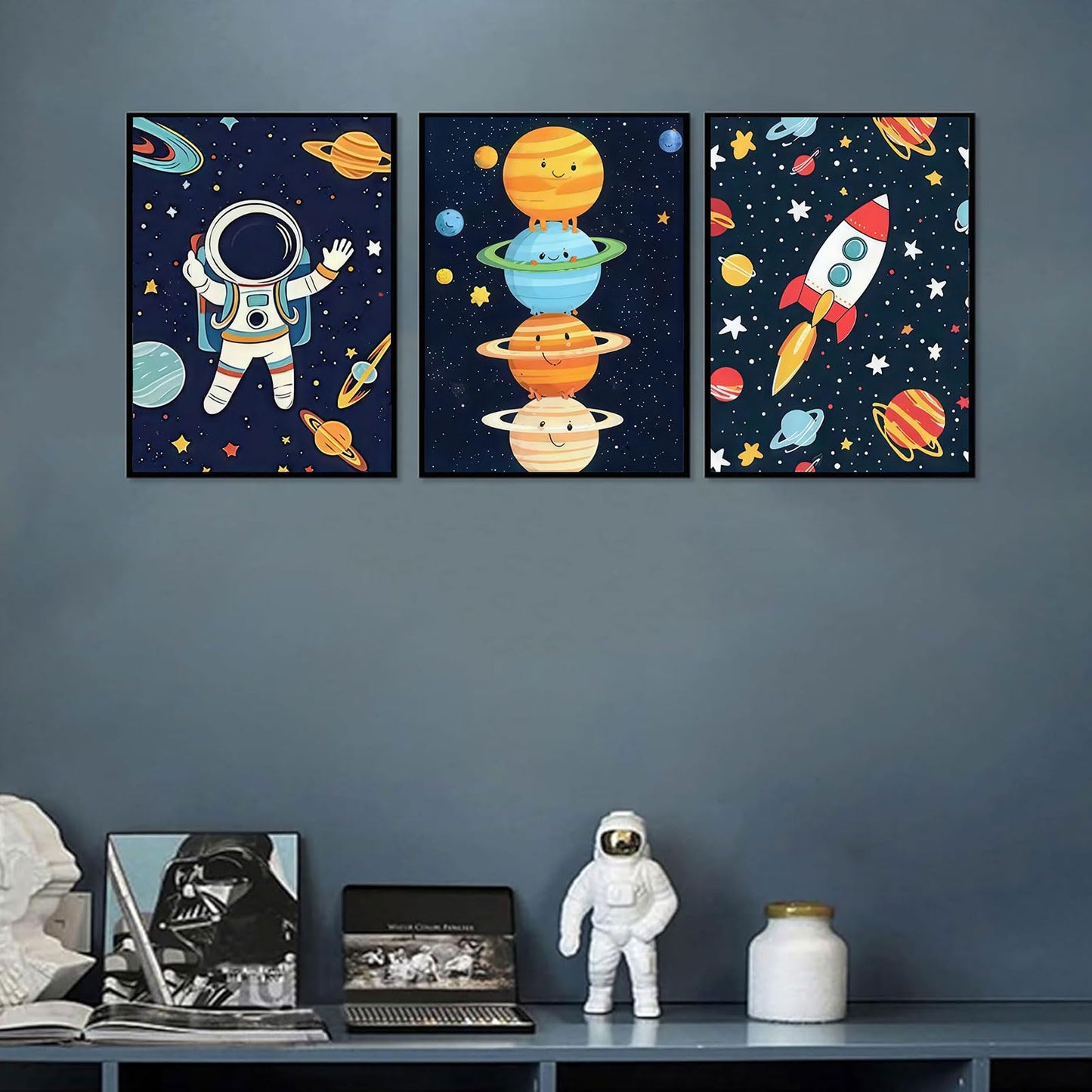 3Pcs Astronauts Nursery Wall Art Whimsical Outer Space Kid Decor Pictures Rocket Planet Posters Prints for Boys Room Girls Room Kids Room Decoration Unframed