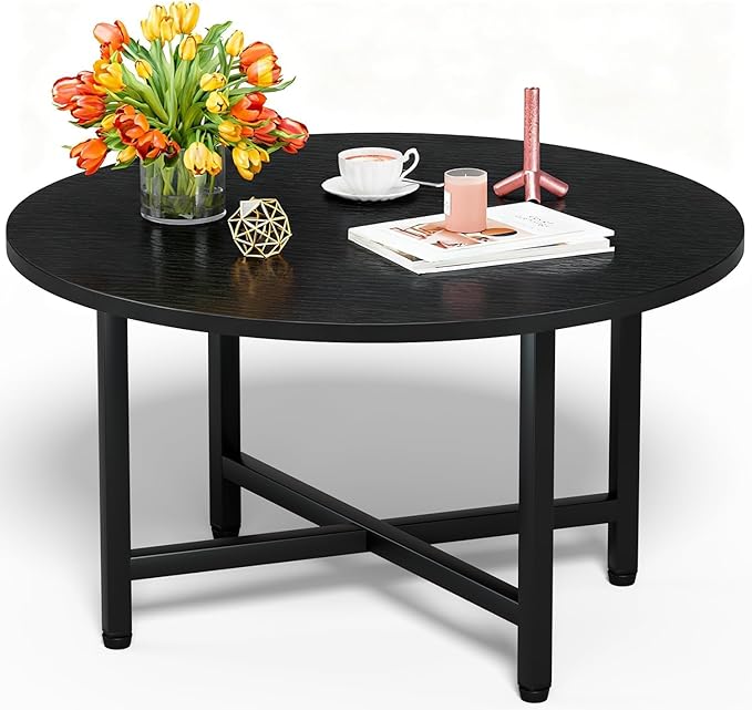 FAMIDGE Round Coffee Table, Small Coffee Tables for Living Room, Black Coffee Table with Metal Frame, Floor Table Desk for Sitting on The Floor, Home, Office, Farmhouse, Black (23.6" D x 17.7" H)