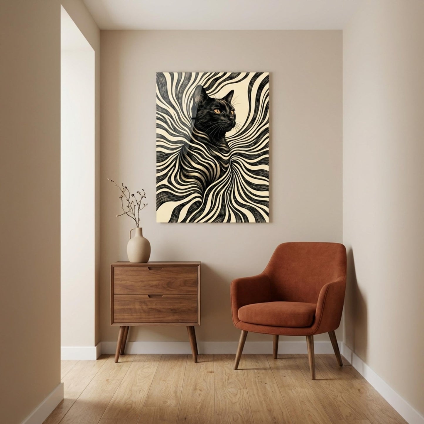 XIART Abstract Black and White Cat Tempered Glass Wall Art, Modern Surreal Optical Illusion Frameless Decor, Large Glossy Animal Print for Living Room, Bedroom & Office