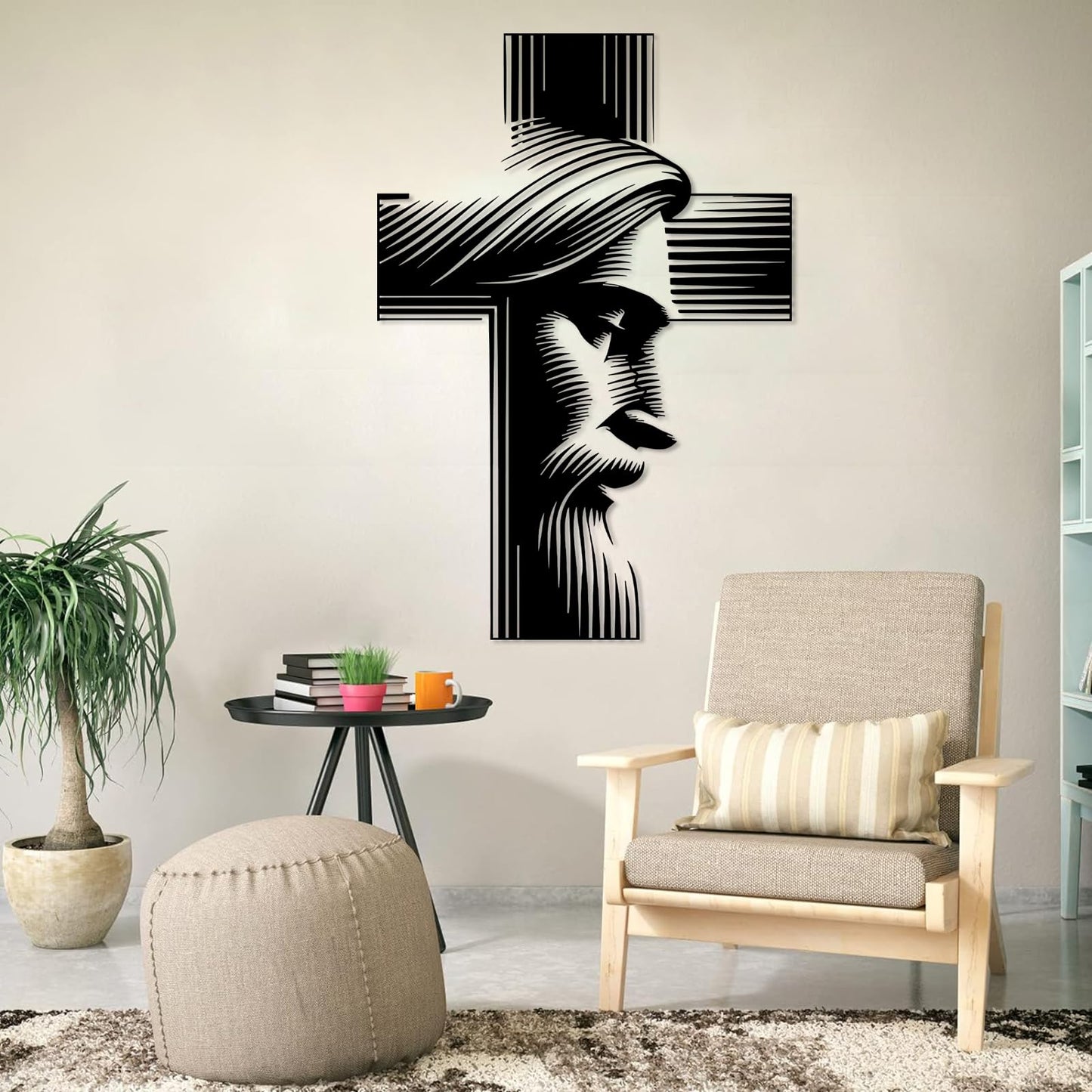 Metal Jesus Cross Wall Decor, Modern Christian Wall Art Sign, Black Metal Religious Hanging for Home Office Prayer Room, Framed Wall Decoration Ready to Hang (Gold, 35x24in|90x62cm)