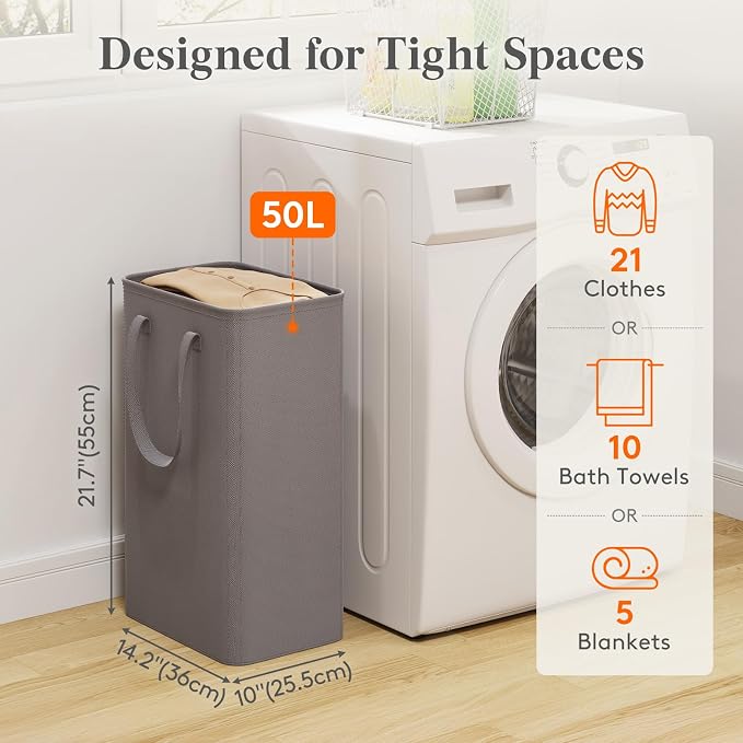 Lifewit Slim Laundry Hamper, Narrow Small Laundry Basket with Handle for Dirty Clothes, Collapsible Tall Thin Laundry Bin for Bathroom Bedroom Dorm College, 50L, Grey