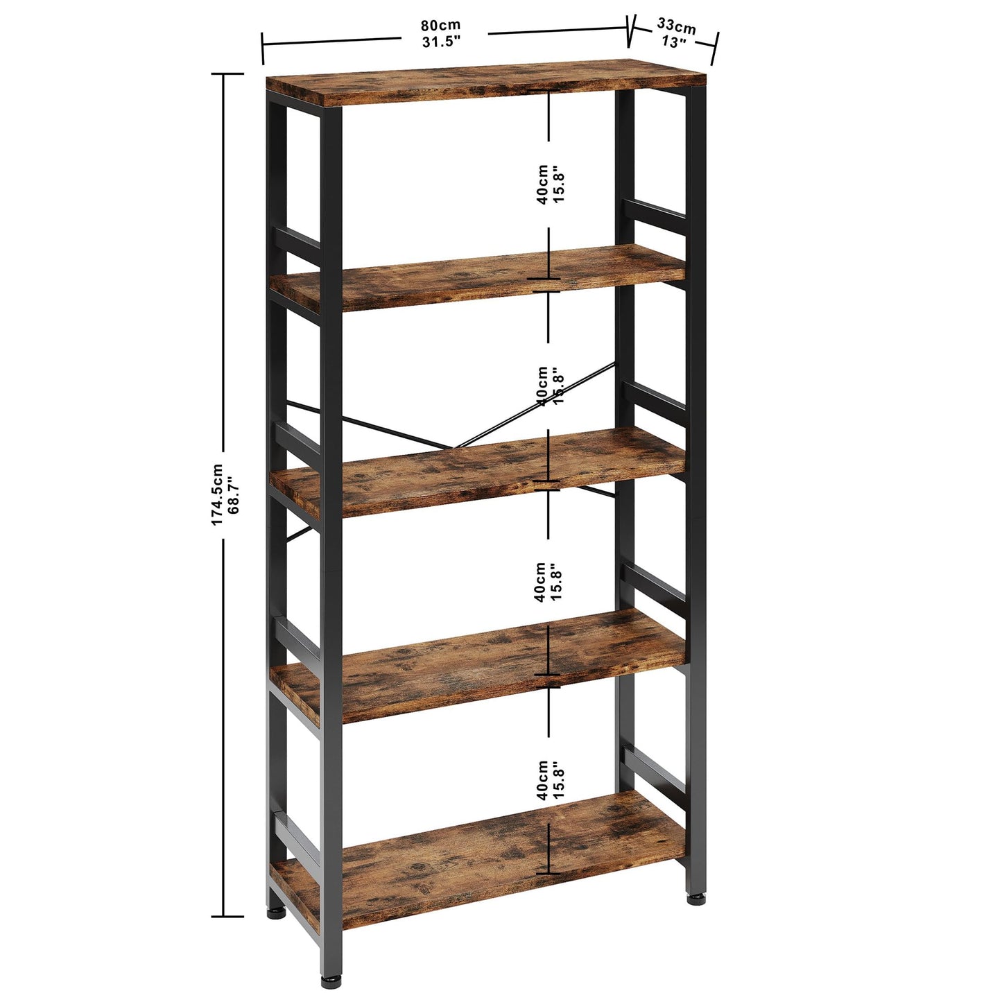 IRONCK Bookshelves and Bookcases, 31.5in Wide Shelf 5-Tier Ladder Shelf 110lbs/shelf Vintage Industrial Style Bookcase for Bedroom Living Room Home, Vintage Brown