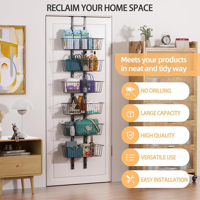 6-Tier Over The Door Pantry Organizer, Metal Hanging Storage Shelf Spice Rack with Adjustable 6 Baskets, Space-Saving Behind Door Organizer for Kitchen, Bathroom, Laundry Room, Black