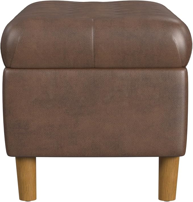 Homepop Home Decor | Tufted Ainsley Button Storage Ottoman Bench with Hinged Lid | Ottoman Bench with Storage for Living Room & Bedroom, Brown Faux Leather