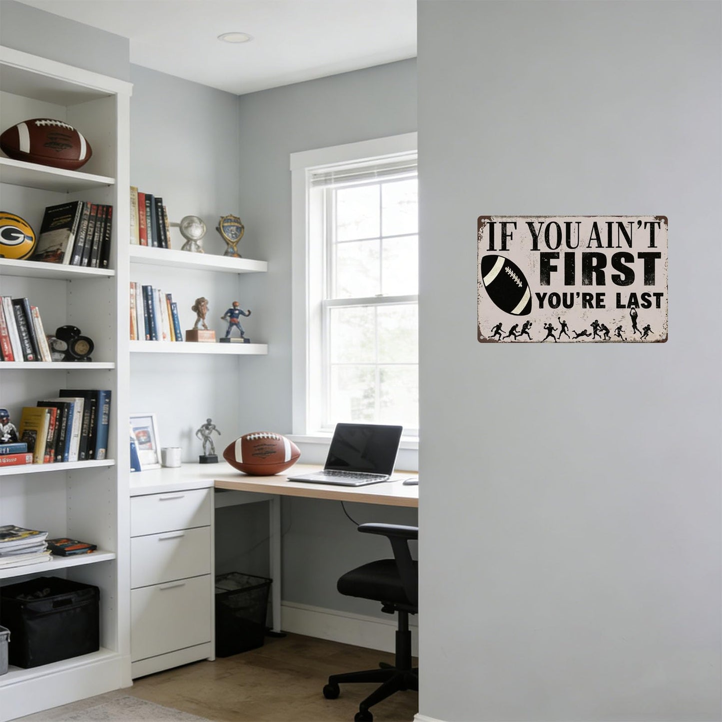 Qinfly Funny Football Wall Art Decor Gifts for Boys,Football Player,Men Who Love Football,If You Ain't First You're Last Sign,Football Stuff Accessories for Room,Bedroom,8x12 Inches