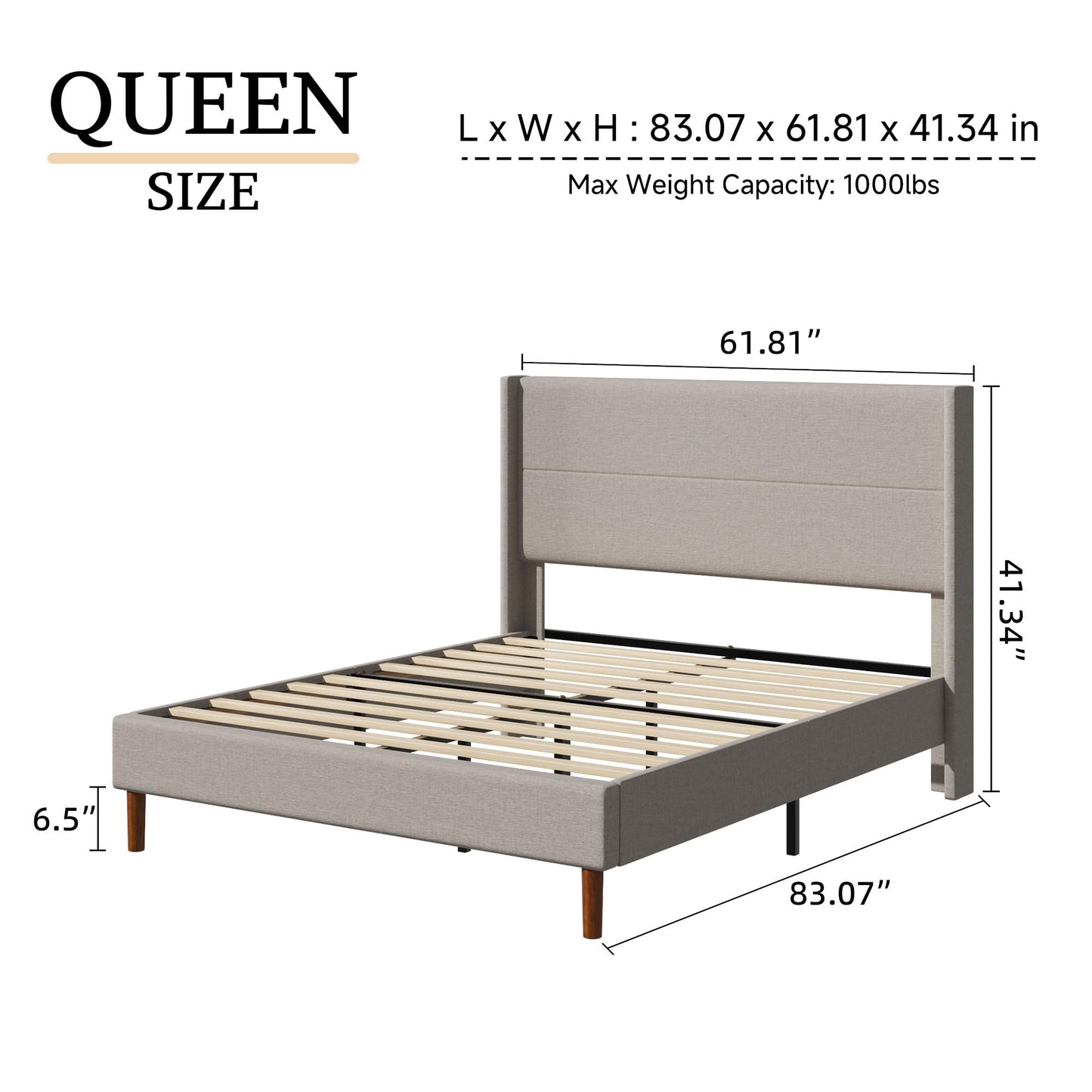 Mxhtcewz Queen Size Bed Frame, Linen Upholstered Platform with Wingback Headboard, Wooden Slats Support, No Box Spring Needed, Easy Assembly, Beige