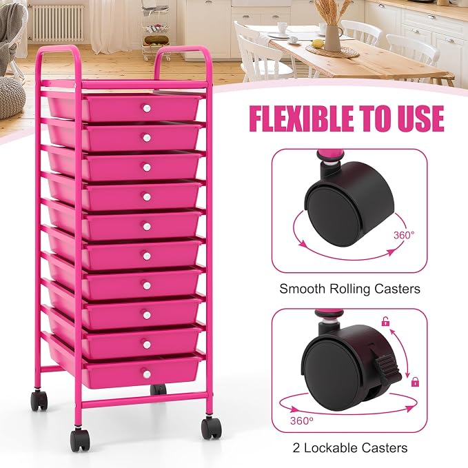 MEDIMALL 10 Drawers Rolling Storage Cart, Multipurpose Craft Storage Cart with Wheels, Mobile Tools Scrapbook Paper Organizer Cart for Office School Home Use