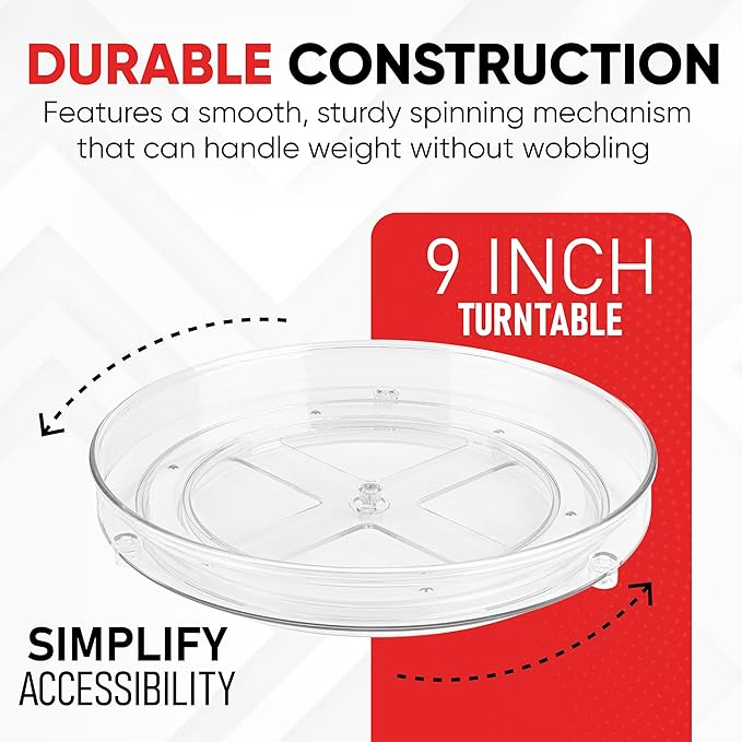 Oizeir Clear Lazy Susan Turntable Organizer (Pack of 4) 9 Inch Acrylic Rotating Storage for Cabinet, Pantry, Fridge, Bathroom, and Vanity Countertops