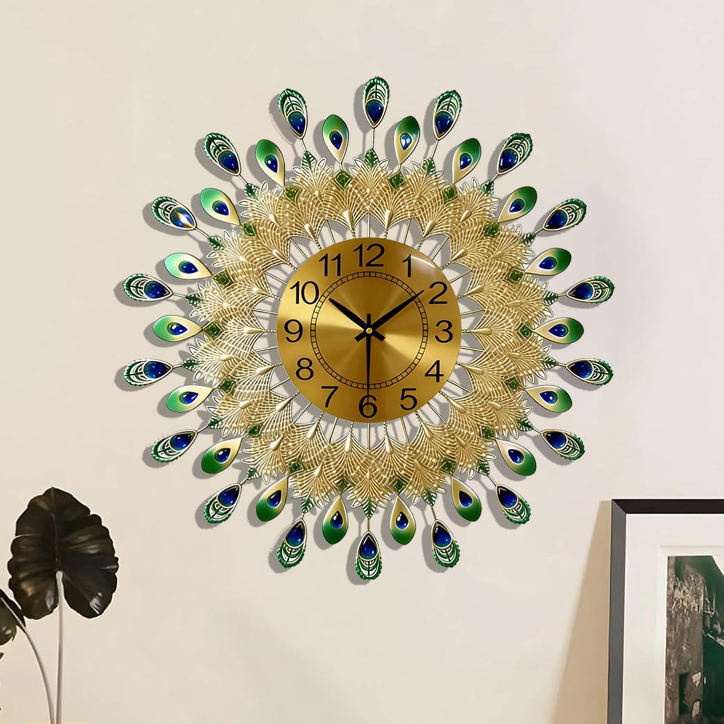 LIYUANSI Large Peacock Wall Clock,Non-Ticking Silent Creative Personality Modern Art Decorative Wall Clocks,for Living Room Bedroom Dining Room Decor,Dia 20 inch