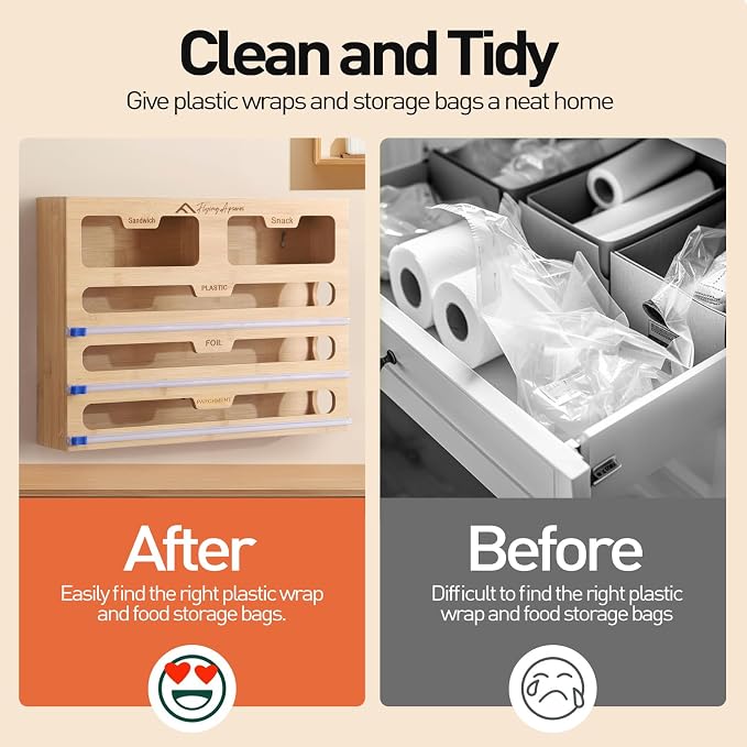 APSARAS USA 5 in 1 Bamboo Foil and Plastic Wrap Organizer for Kitchen Drawer, Ziplock Bag Organizer, Saran Wrap Dispenser with Cutter, Plastic Bag Organizer, Food Storage Bag Organization
