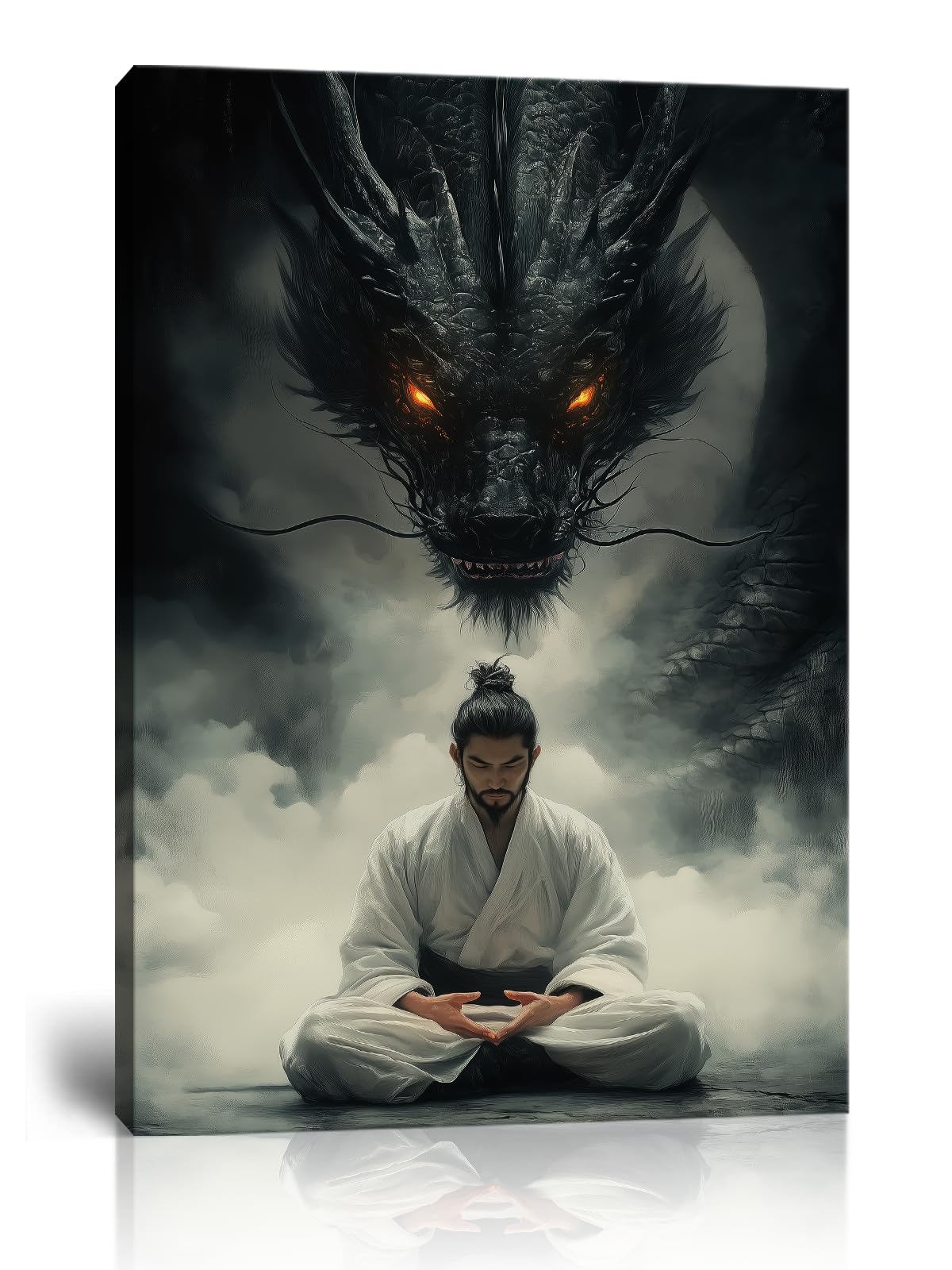 Meditating Samurai Black Dragon Wall Art Glowing Eyes Misty Japanese Warrior Canvas Print Oriental Dragon Zen Decor for Living Room Bedroom Home Office Ready to Hang-12x16 inch