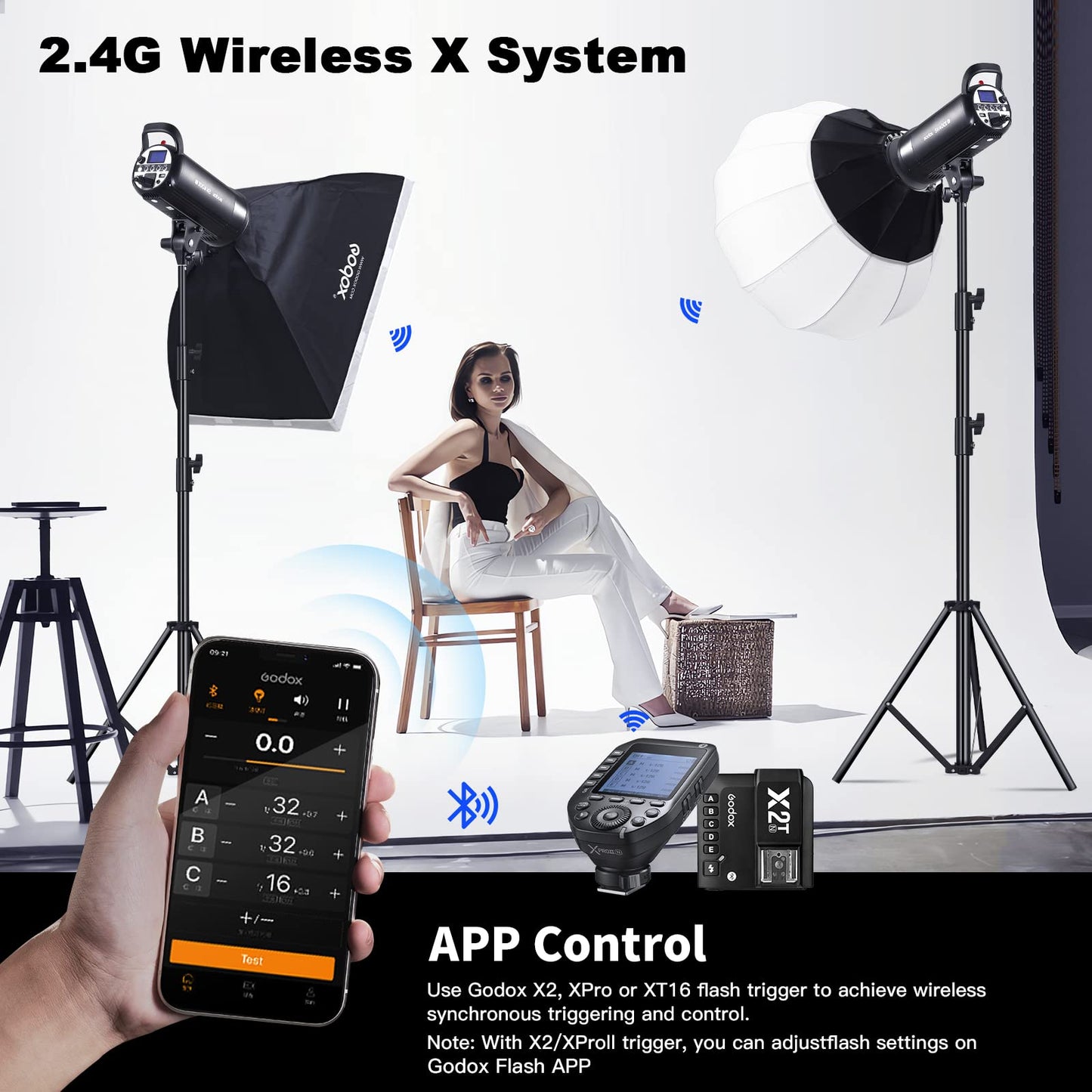 Godox SK400IIV 800W Professional Studio Strobe Flash 2Pack Kit 5700±200K with Standard Reflector,BD-04,Softbox,Umbrella,Light Stand,for Photography 2.4G Wireless X System Bowens Mount