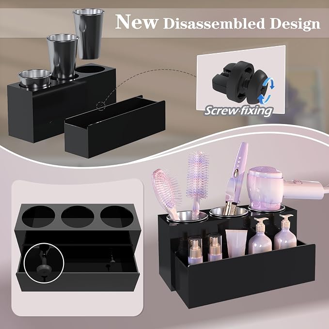 Hair Tool Organizer, Removable Blow Dryer Holder for Bathroom, Hot Tools Organizer For Hair Dryer, Blow Dryer, Curling Iron, Hair Straightener, Bathroom Countertop Organizer, Glossy Black
