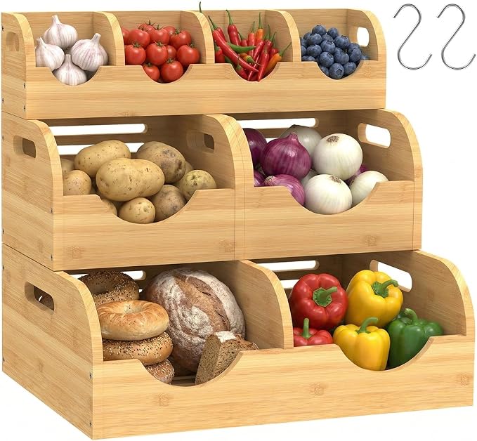 Upgraded 3 Tier Bamboo Pantry Storage Bins,Large potato storage With 2 Banana Hangers,Stackable Potato and Onion Storage Bin with Airflow Vent, Pantry Baskets, Vegetable Storage,for Kitchen Countertop