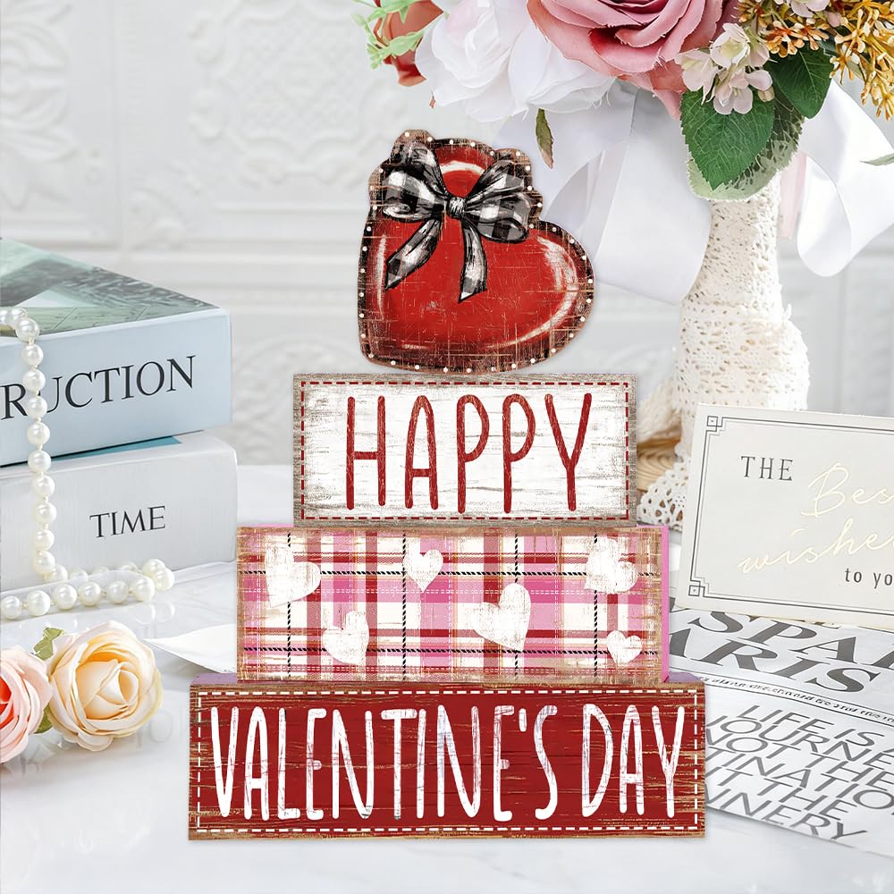 DIYDEC 4Pcs Valentine's Day Table Decoration Valentine Heart Wooden Block Signs Rustic Valentines Tiered Tray Decor Happy Valentine's Day Centerpiece Sign for Farmhouse Holiday Tabletop Party Decor