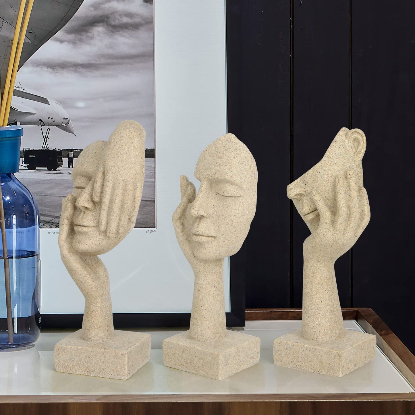 prosfalt 3 Pcs Thinker Statue,Modern Home Resin Sculptures,Collectible Figurines for Home Office Bookshelf Desktop Decor(Sandstone)