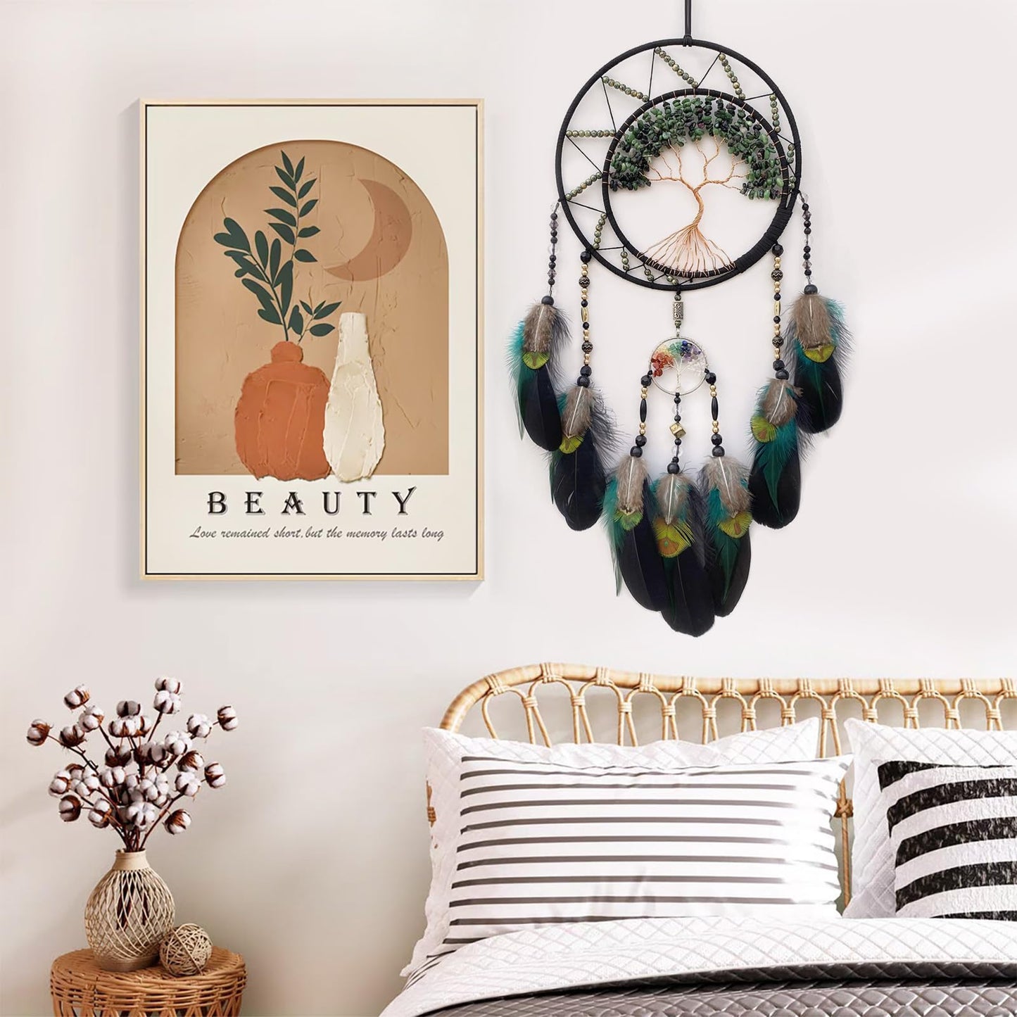 RAGKUU Black Large Dream Catcher Wall Decor Crystal Tree of Life Dream Catchers Handmade Feather Dreamcatcher Wall Hanging Ornament for Bedroom Living Room Home Decor