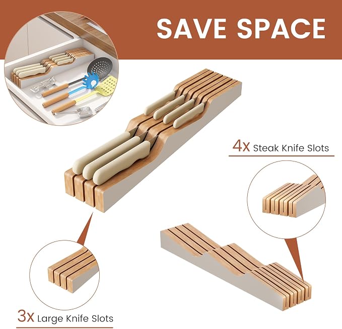 In-Drawer Knife Block Organizer - Bamboo Wood Drawer Knife Organizer-Protecting Knife Organizer Block (Not Included) (White, 7 Knives Dock)