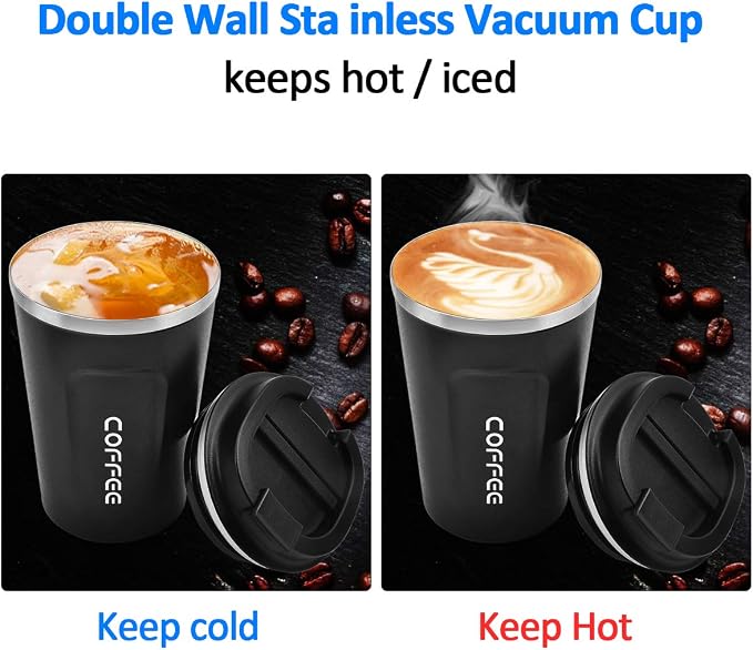 CS COSDDI 12 oz Stainless Steel Vacuum Insulated Tumbler - Coffee Travel Mug Spill Proof with Lid - coffee Cup for Keep Hot/Ice Coffee,Tea and Beer (Black)