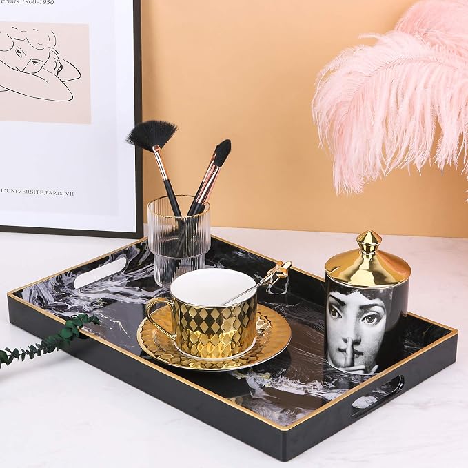 Decorative Tray, Marbling Plastic Tray with Handles, Rectangular Vanity Tray and Serving Tray for Bathroom, Kitchen, Ottoman and Coffee Table, 15.6” x 10.2”, Black