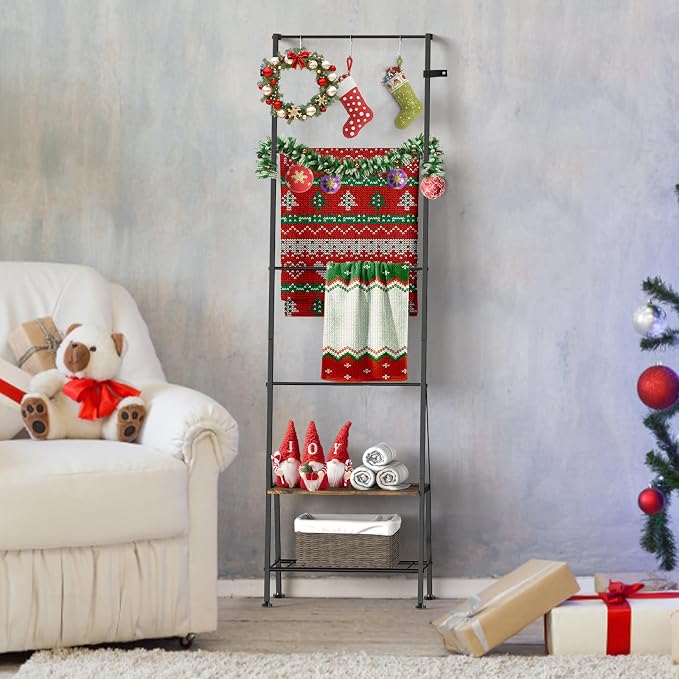 Blanket Ladder, 6-Tier Towel Holder with Shelf, Blanket Rack Freestanding, Ladder Shelf with Hooks for Towels Clothes Scarves, Standing Towel Rack for Bathroom Living Room Bedroom, Brown