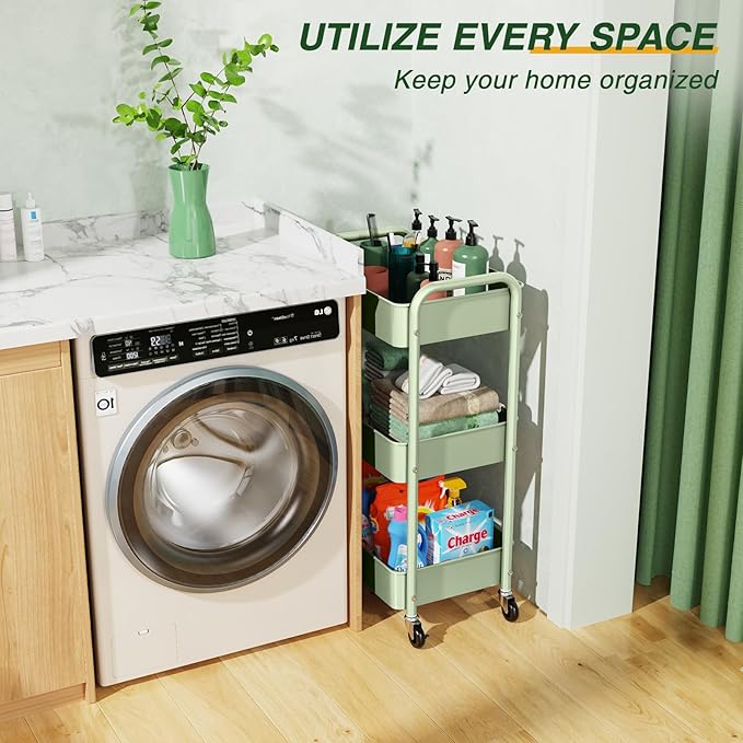 LEHOM 3 Tier Rolling Cart, Metal Rolling Utility Cart with Lockable Wheels & Hooks, Multi-Functional Heavy Duty Storage Cart Organizer for Bathroom, Kitchen, Office, Living Room