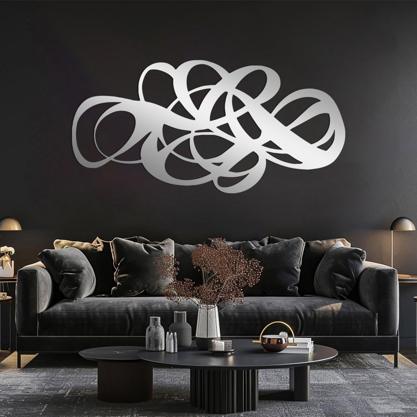 EUSTUGO Abstract Geometric Metal Wall Art, Geometrical Metal Wall Decor, Abstract Line Art, Minimalist Modern Luxury Wall Decor for Living Room, Bedroom, Bathroom (Silver, 35"x17"/90x44cm)