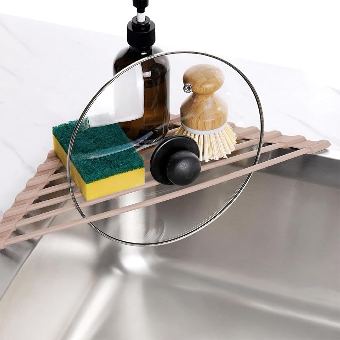 Tomorotec Small Triangle Roll-Up Dish Drying Rack with Silicone Coating Stainless Steel Frame for Sink Corners, Over-The-Sink Kitchen Drainer & Organizer for Space-Saving Storage-Light Brown