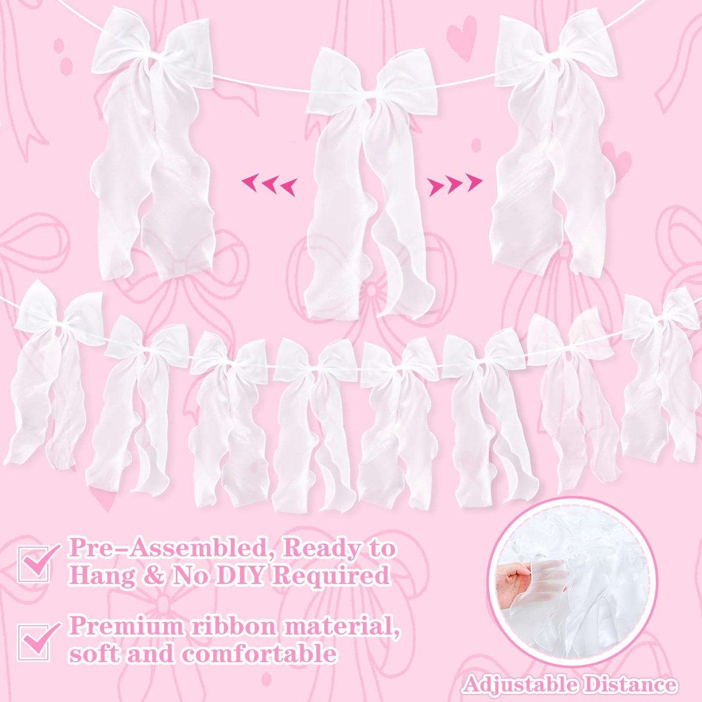 White Ribbon Bow Garland Banner, Girls Bow Birthday Party Decorations, Baby Shower Decor, Tying The Knot Bridal Shower Engagement Wedding Valentines Day Bows Party Supplies