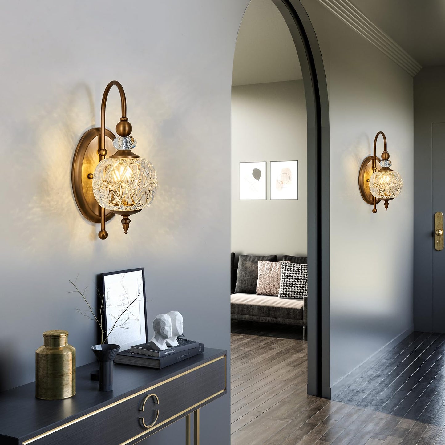 Piepooye Vintage Gold Wall Sconce with Glass Globe Shade Mid Century Brushed Brass G9 Bulb Vanity Light Indoor Wall Light for Bathroom Farmhouse Bedroom Living Room Hallway