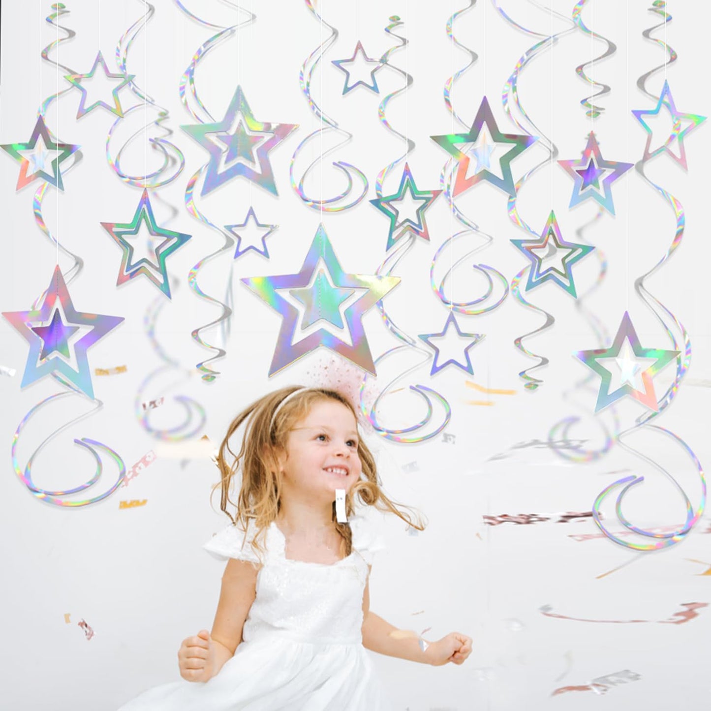 Iridescent 3D Hollow Star Garland with Holographic Foil Hanging Swirl Decorations Holographic Star Ornaments Bunting Banner Streamer for Birthday Baby Shower Wedding Ramadan EID Party Decor