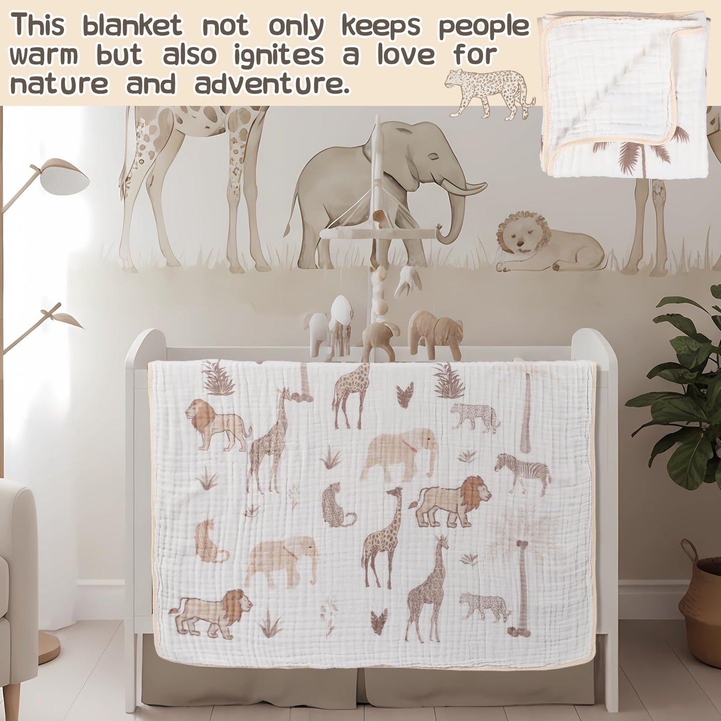 SmoothNovelty Safari Animal Muslin Blanket 47 x 47 Inch Warm Soft Cotton Muslin Swaddle Blanket Nursery Swaddling Wrap Quilt for Bedding Gift, Cold Weather, Jungle Theme Nursery Decor