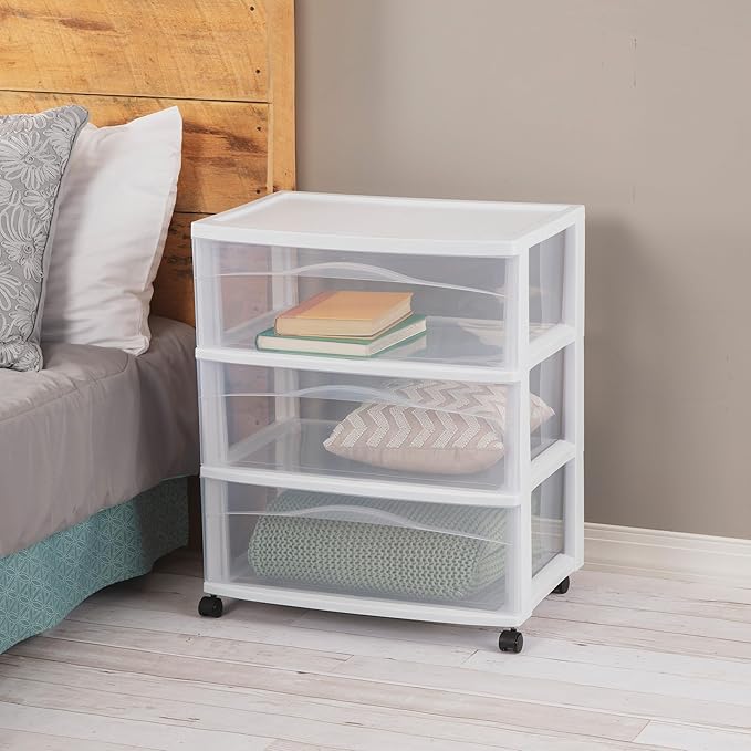 Sterilite 4 Pack Wide 3 Drawer Storage Cart, Plastic Organizer with Wheels, White - Multipurpose Bin for Clothes, Accessories, or Home Accessories