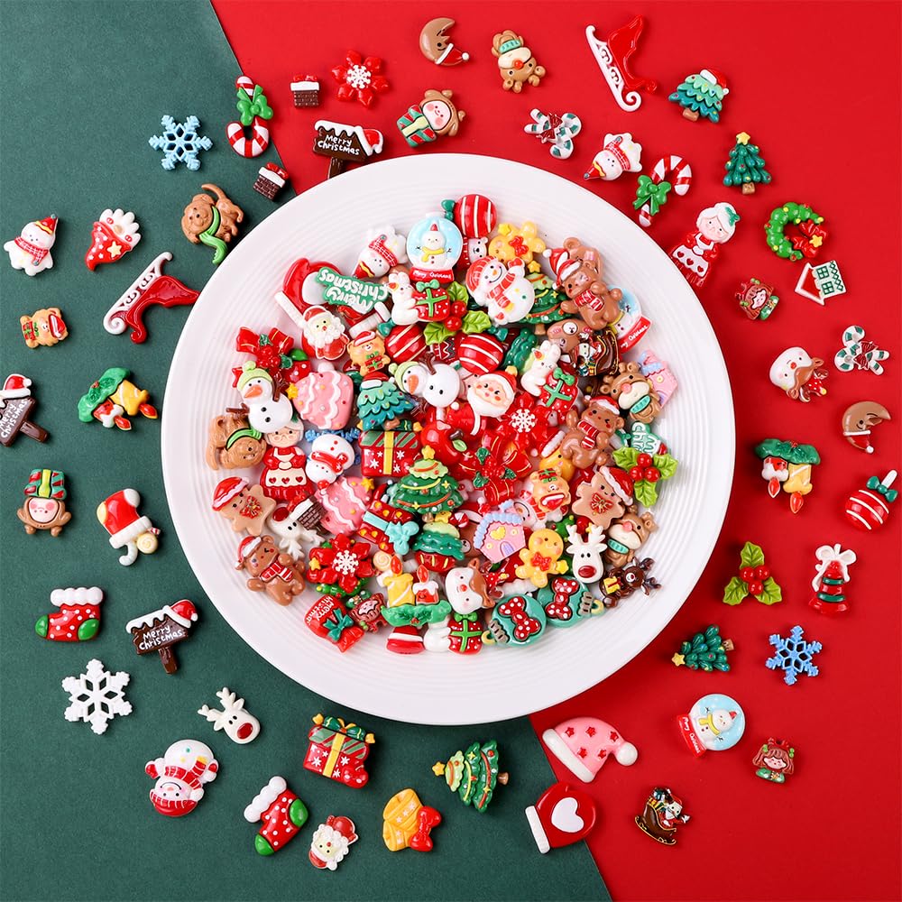 Vellibring 120PCS Christmas Cute Resin Flatback Slime Charms，60 Styles Bulk Christmas Cartoon Making Kit Decorations for Holiday DIY Craft Phone Cases Nails Scrapbooking