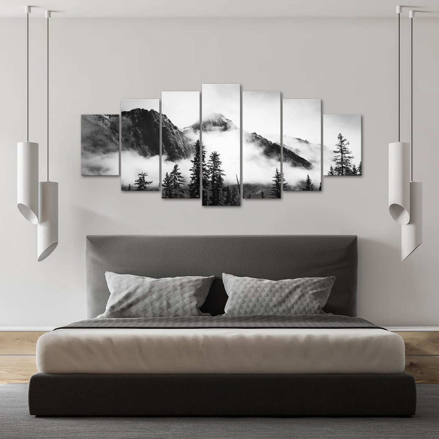 NutArtPic 7 Pieces Foggy Forest Canvas Wall Art Black and White Misty Mountain Artwork Prints Banff National Park Painting Framed Home Office Bedroom Decor 70''x32''