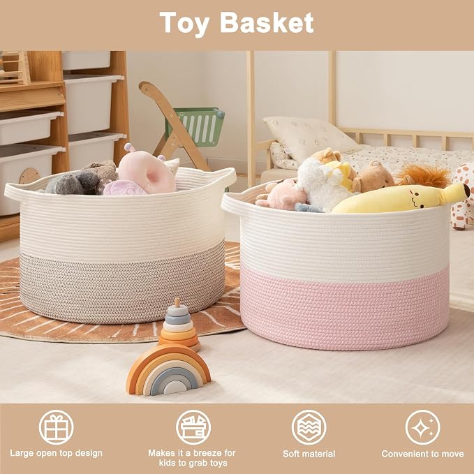 OIAHOMY 90L XXXLarge Blanket Basket for Living Room, 21.7" x 13.8" Woven Cotton Rope Laundry Basket for Organizing Pillows, Decorative Stuffed Animal Toy Storage for Nursery, Black and White