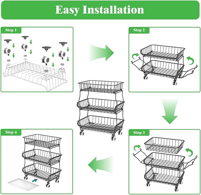 3 Tire Rolling Pantry Organizers and Storage Cart on Wheels | Metal Frame, Under Pantry Cabinet, Drip Tray, Storage for Snack, Potato, Onion, Produce, Can, Drink, Fruit and Vegetable
