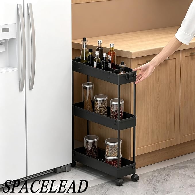 SPACELEAD Slim Storage Cart 3 Tier,Bathroom Organizer Rolling Utility,Mobile Shelving Unit Slide Out for Office, Kitchen, Laundry Room & Narrow Places,Black