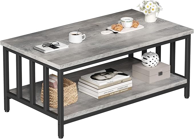 Homeiju Coffee Table for Living Room with Slatted Sides Frame, Modern Farmhouse Living Room Table with 2-Tier Storage Shelf for Home Office, Apartment, Grey Wash, 39 inch