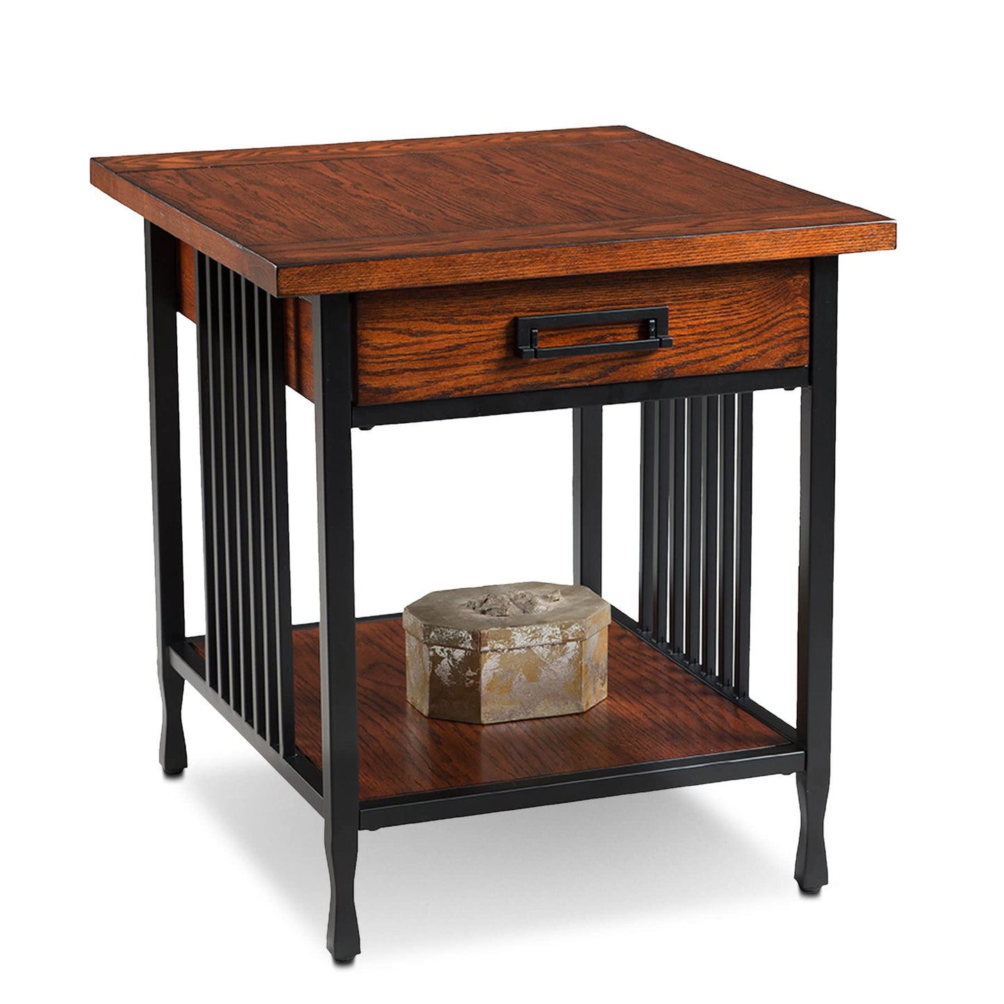 Leick Home Ironcraft End Table, Solid Wood, 1 Storage Drawer, Bottom Display Shelf, Mission Oak, Black Steel Base, Easy Assembly, 22 in W x 24 in H x 24 in D, 11207