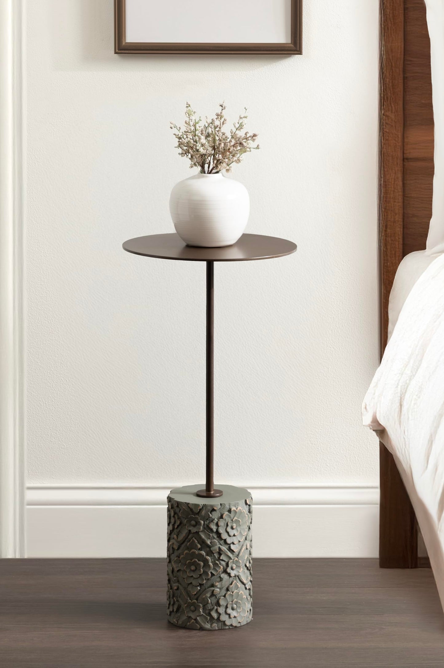 Kate and Laurel Joya Modern Round Drink Table with Carved Wood Base, 10 x 10 x 22, Bronze and Green, Transitional Wood and Metal Pedestal Table for Use as Indoor Plant Stand or Living Room Decor