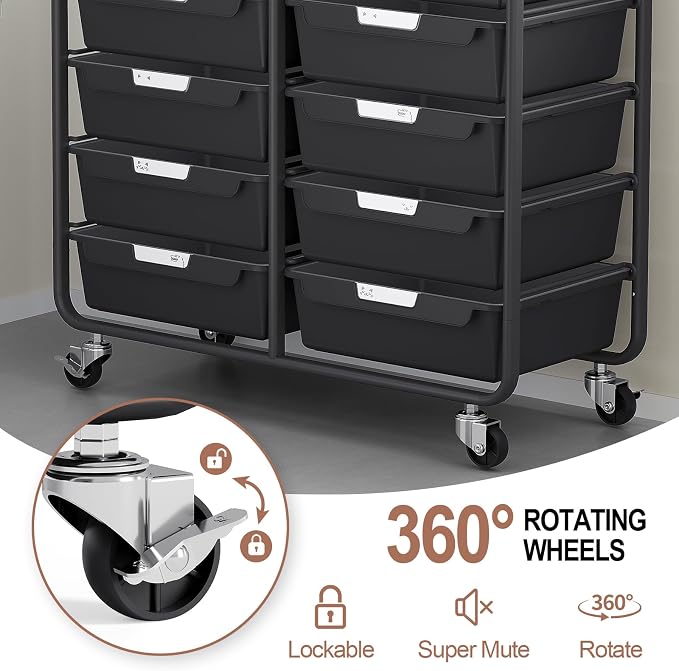 10 Drawers Rolling Cart with Wooden Tabletop, Utility Storage Cart with Wheels, Art Supply Craft Organizer on Wheel with Metal Frame & Handles for Home Office School,Black