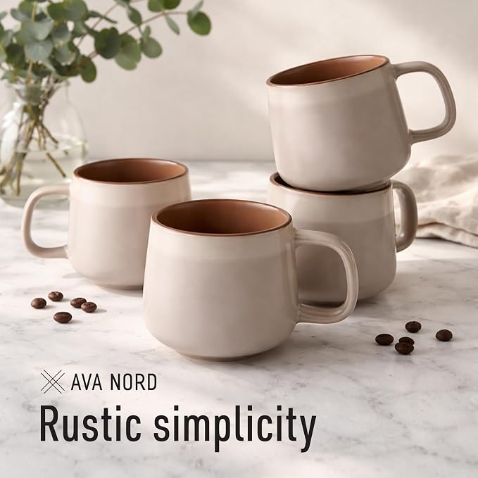 Ava Nord Large Ceramic Coffee Mugs Set of 4 | 16 oz Stoneware Coffee Cups | Lead-Free, Non-Toxic | Microwave and Dishwasher Safe | Comfortable Handle | Nordic Design for Tea, Cocoa, Latte | Rose Sand