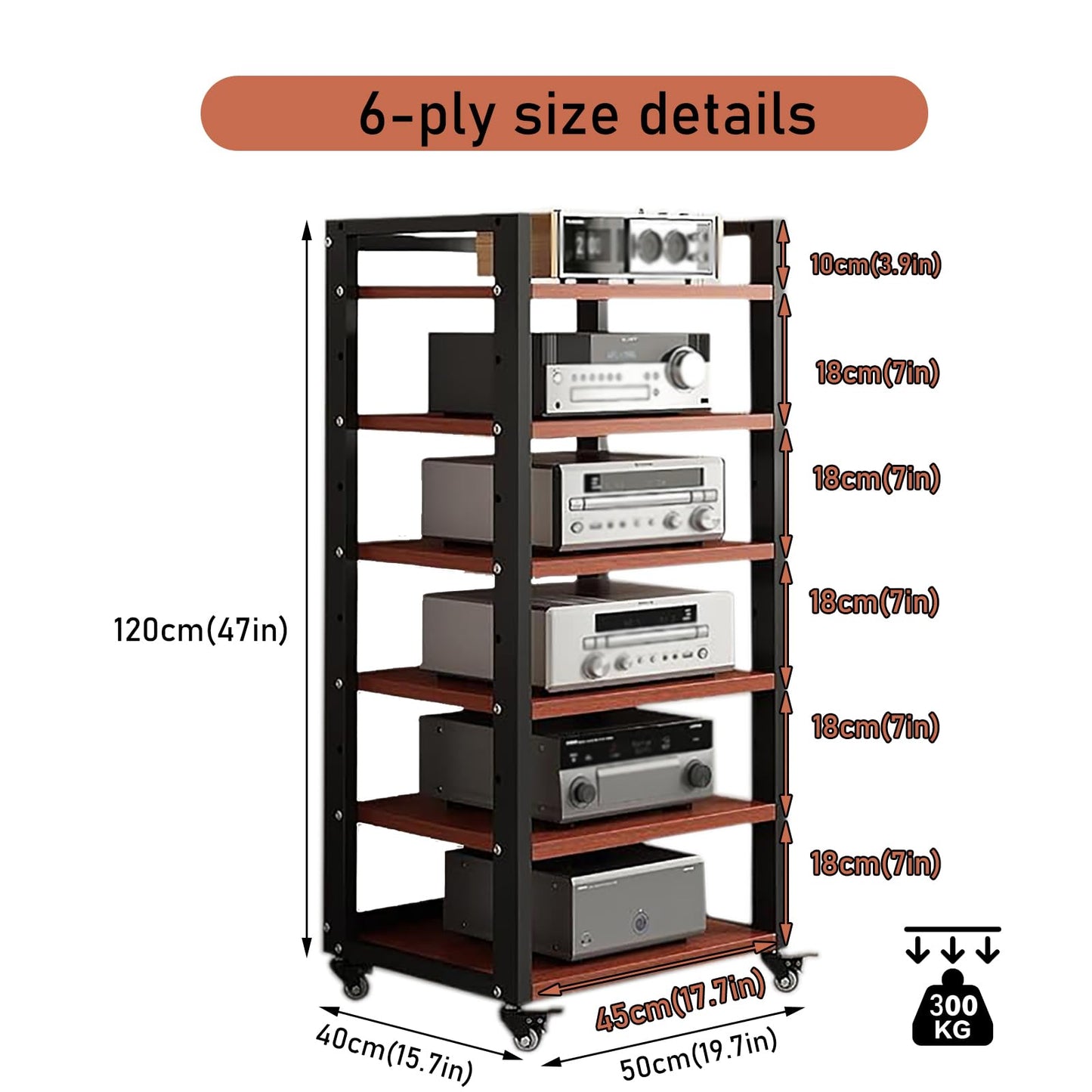 Dernoing 6 Tier Audio Rack Tower, CD Record Player Stereo Receiver AV Equipment Cabinet Display Rack, Weight Capacity 661 lbs, with Adjustable Wooden Shelves for Home (6 Tier Teakwood)
