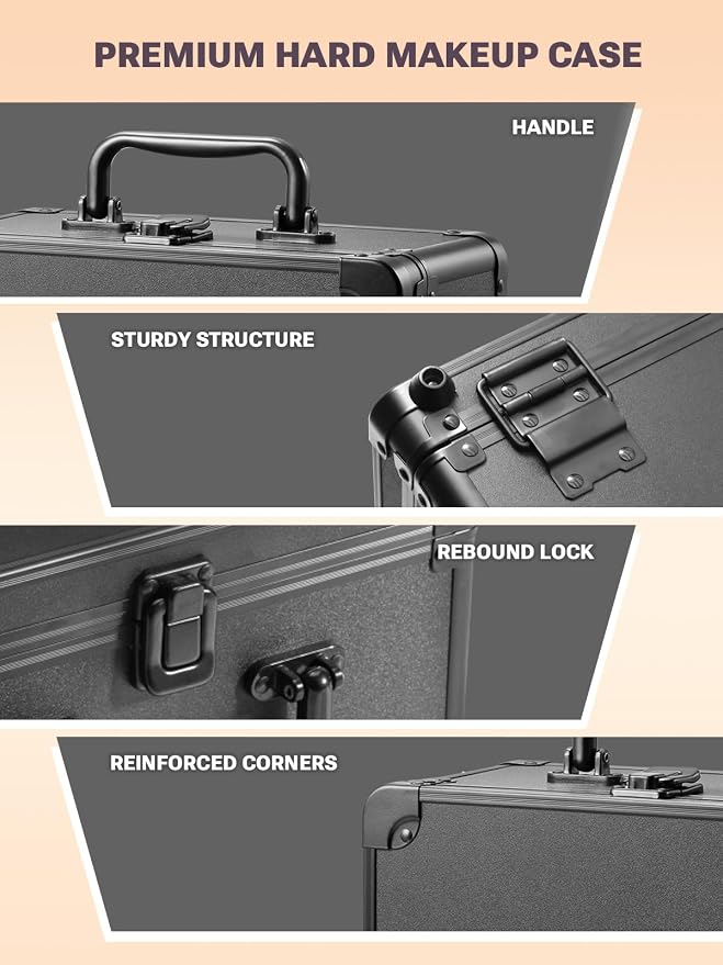 Qislee Makeup Box with A Detachable Lighted Mirror, Waterproof Travel Train Case, Cosmetic Organizer and Makeup Suitcase with Adjustable Dividers, Magnetic LED Mirror (Black)