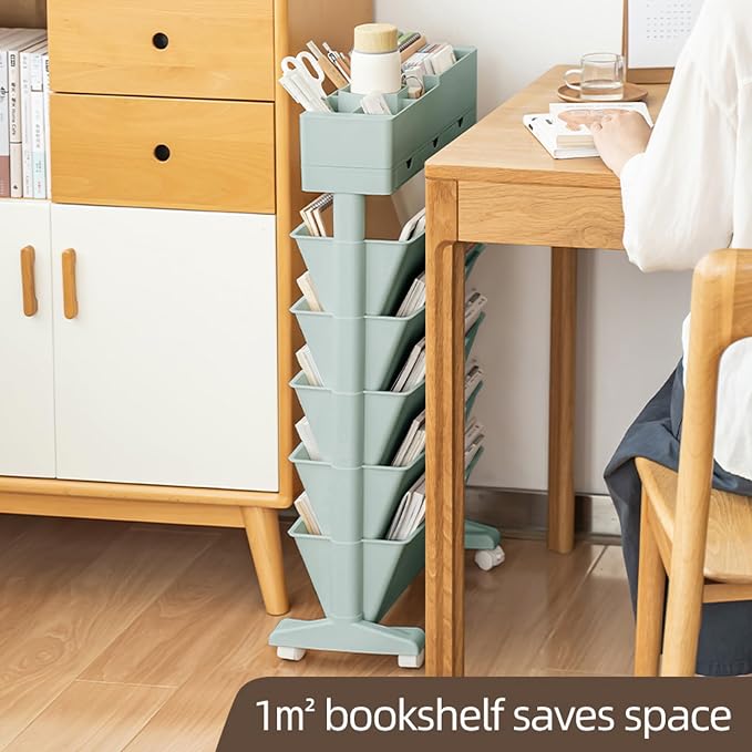 5 Tier Rolling Book Cart Multi-Functional Movable Storage Bookshelves with Lockable Wheels for Study Office Library Classroom, (Blue, with Wheel)