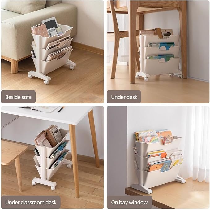 3 Tier Rolling Utility Cart Multi-Functional Movable Storage Book Shelves with Lockable Casters for Study Office Kitchen Classroom, White (Whtie, 3 Tier with Wheel)